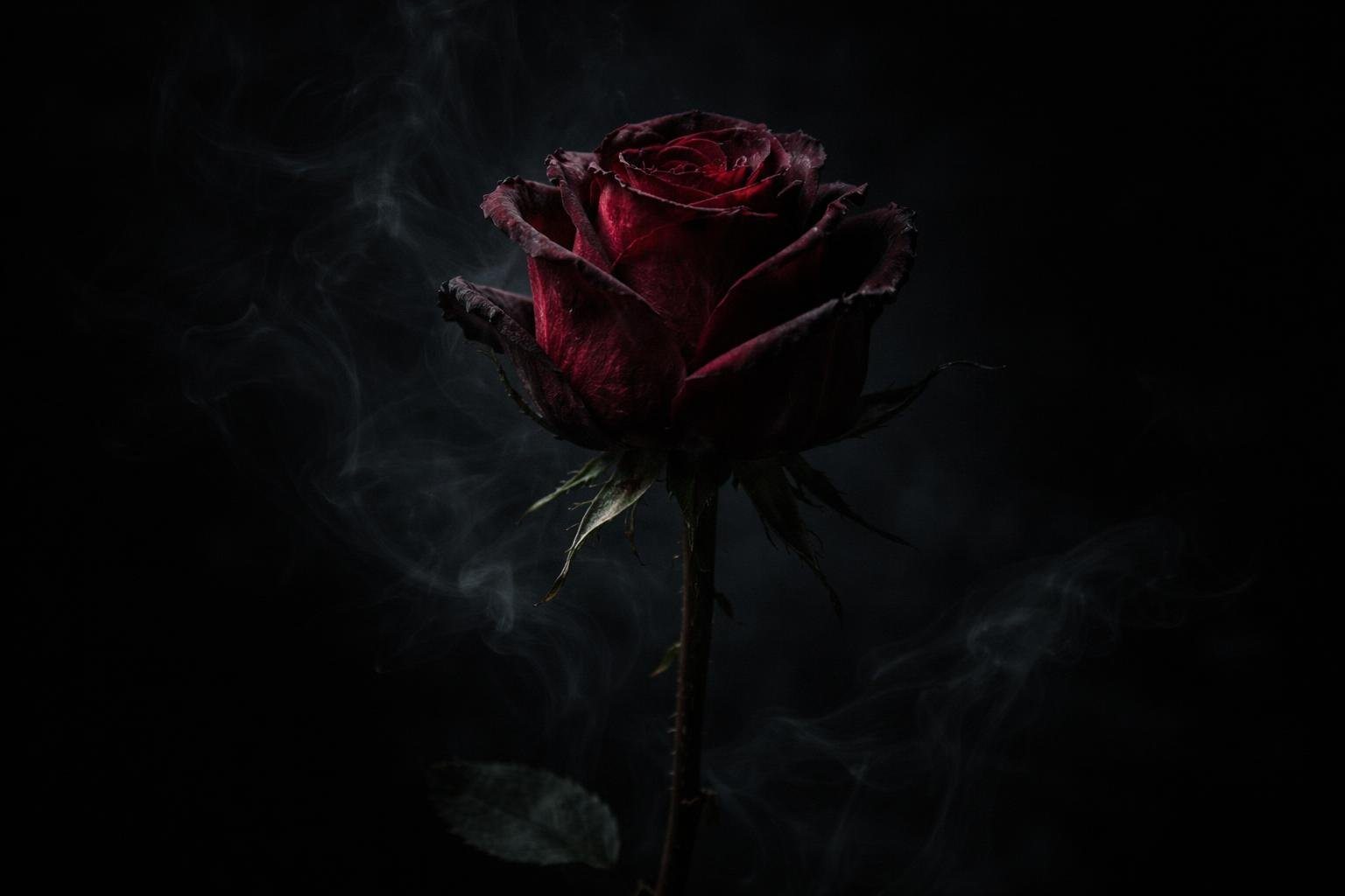 Uma rosa vermelha escura com pétalas ligeiramente murchas sobre um fundo preto, com sombras suaves ao redor.