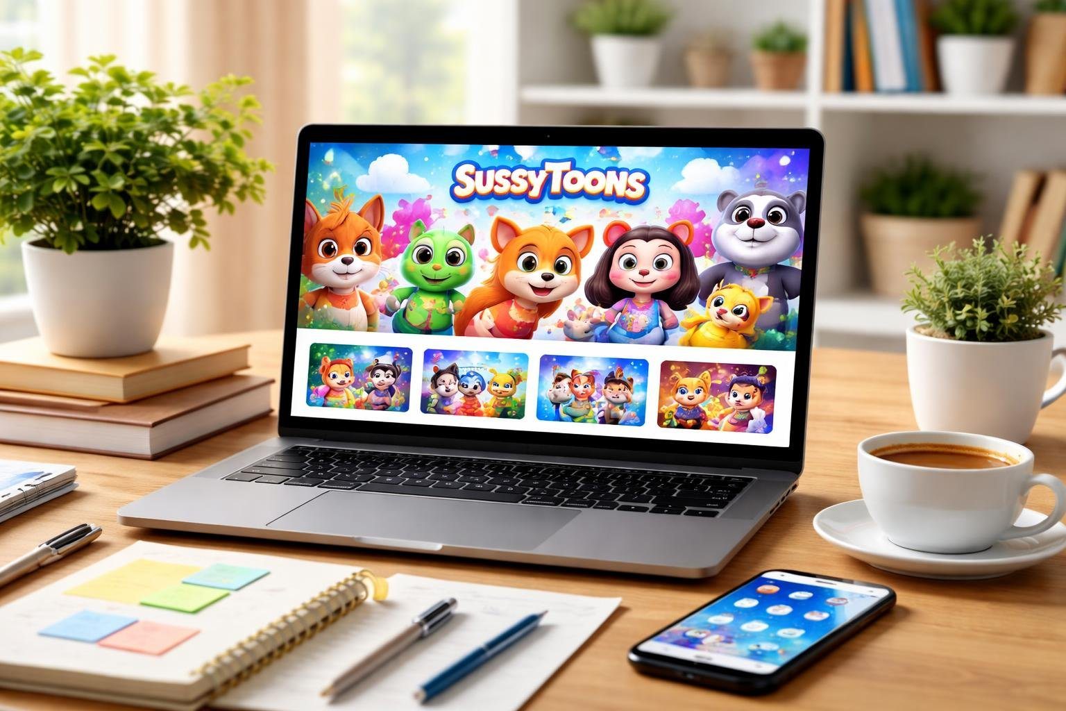 Mesa de trabalho moderna com laptop mostrando personagens animados coloridos, notas organizadas, smartphone e uma xícara de café em um ambiente iluminado e decorado com plantas.