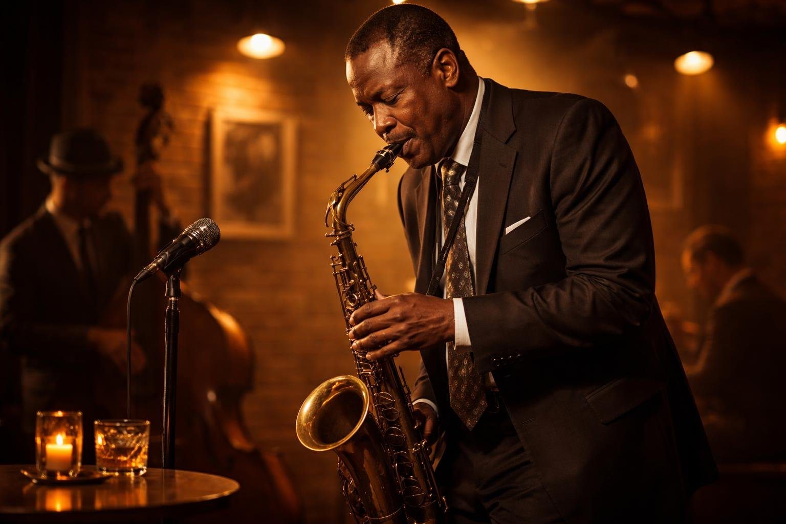 Homem tocando saxofone em um palco de clube de jazz com músicos ao fundo e iluminação suave.