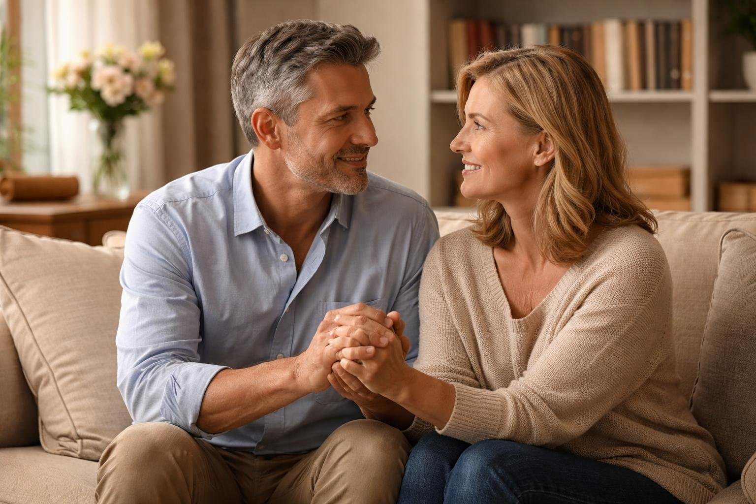Casal de meia-idade sentado em uma sala aconchegante, segurando as mãos e olhando um para o outro com carinho.