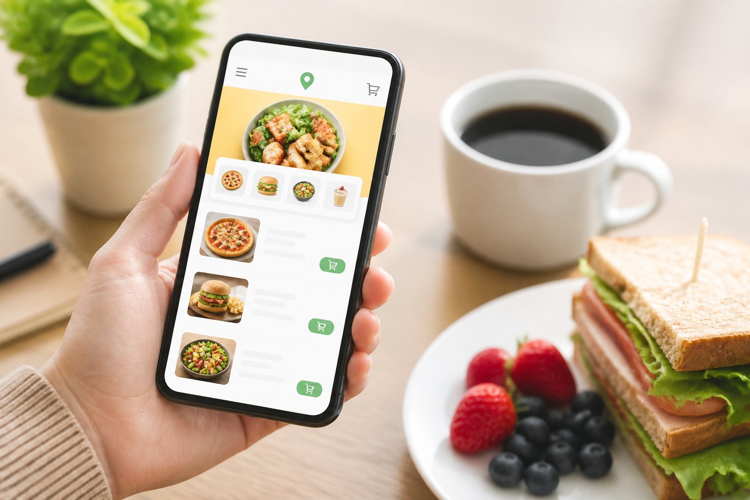 Pessoa segurando um smartphone mostrando um aplicativo de entrega de comida, com uma xícara de café e um prato com alimentos ao fundo.