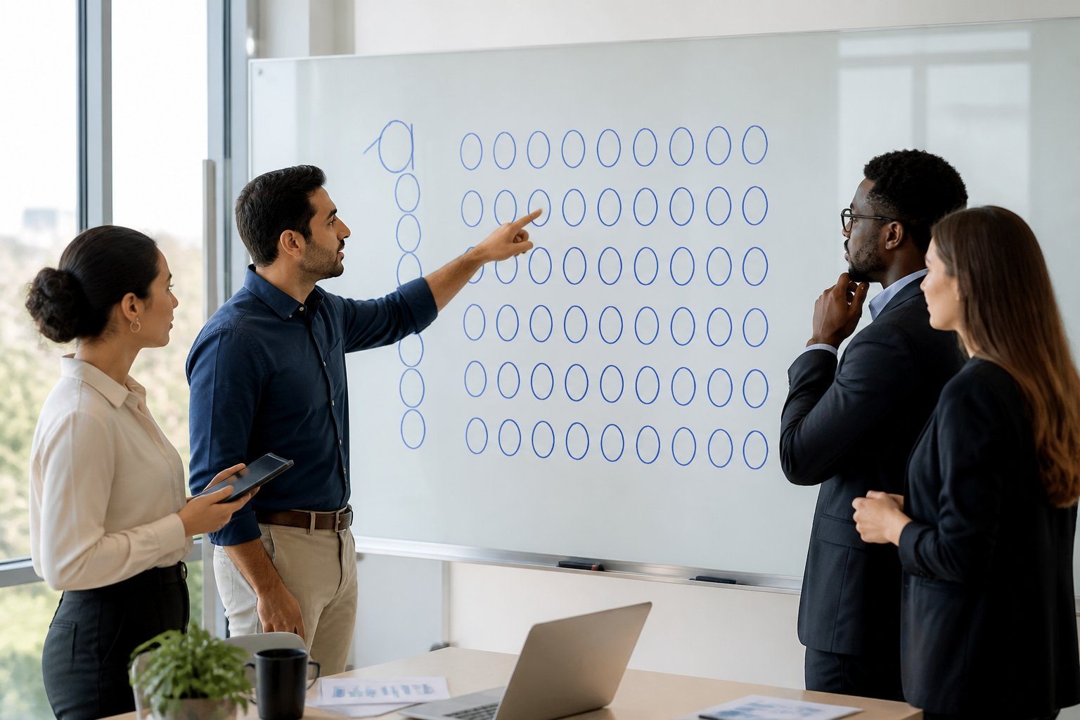 Pessoas discutindo em um ambiente de trabalho moderno com um quadro mostrando zeros representando um milhão.
