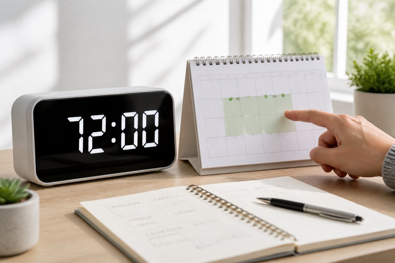 Uma mão apontando para um calendário aberto em três dias consecutivos ao lado de um relógio digital mostrando 72 horas em um ambiente de trabalho iluminado.