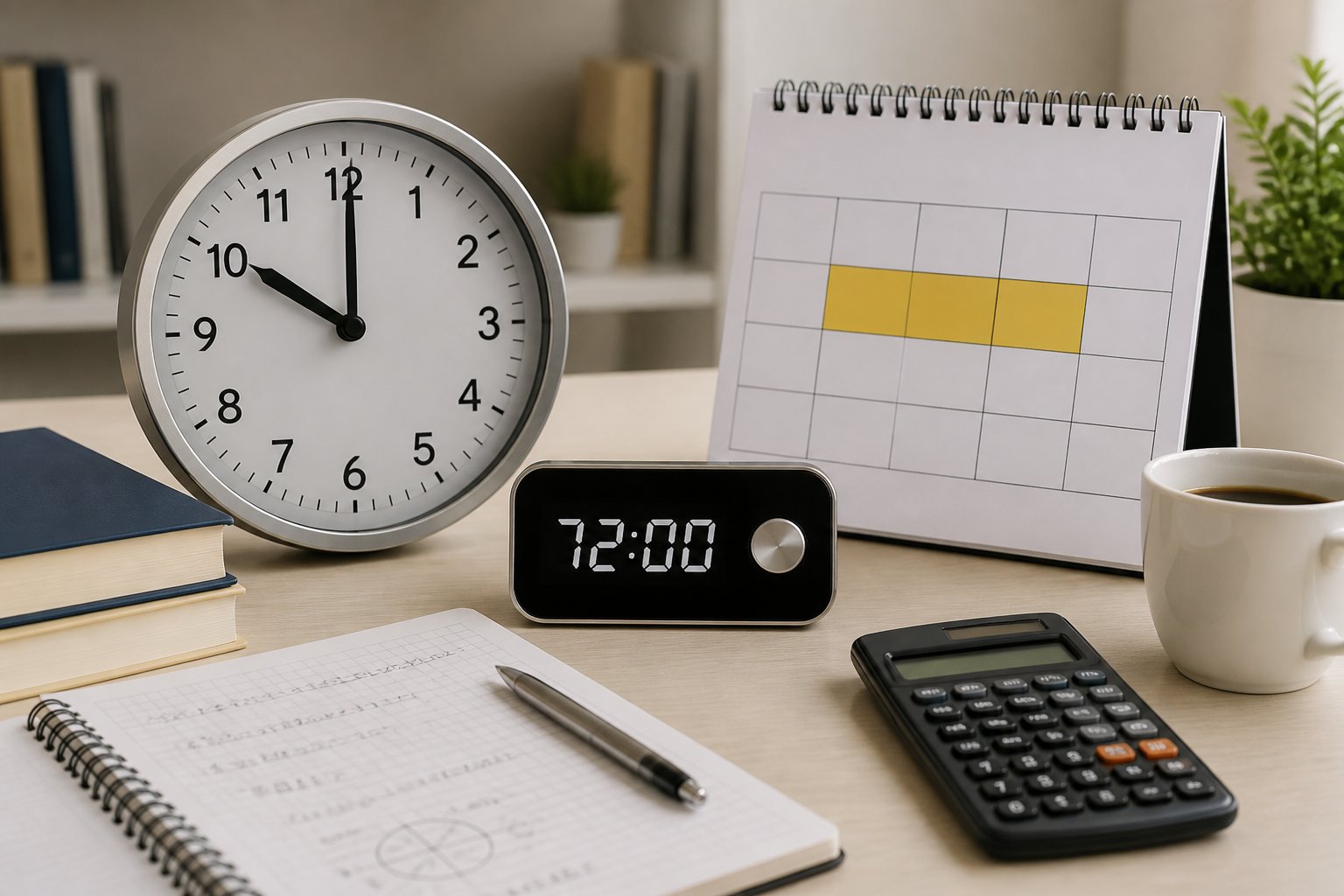 Mesa de trabalho com relógio analógico, timer digital mostrando 72 horas, calendário com três dias destacados e materiais de estudo.