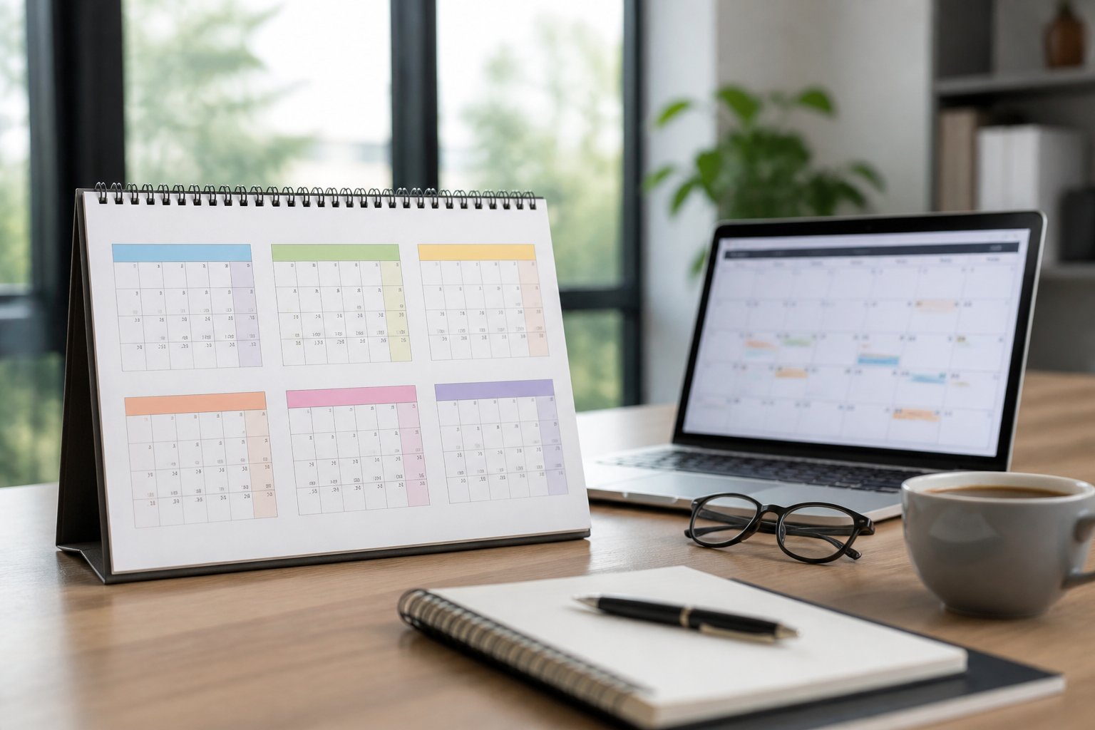 Mesa de trabalho organizada com calendário aberto mostrando 180 dias e itens como laptop, óculos, caneta e café.