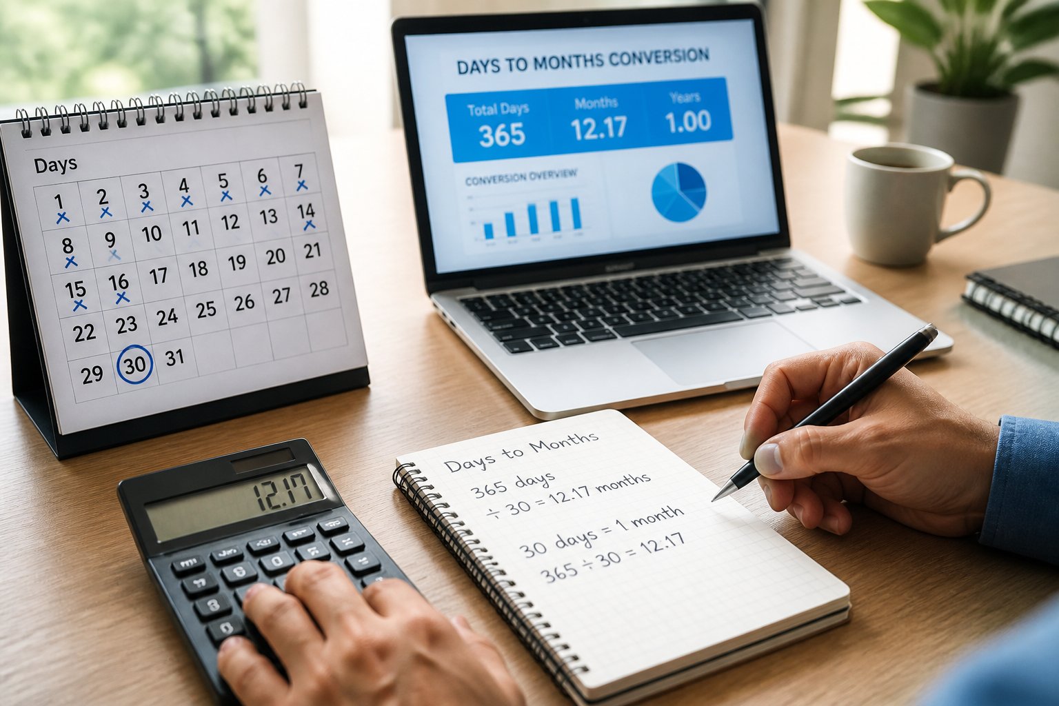 Pessoa calculando e anotando em uma mesa com calendário e laptop, representando a conversão de dias em meses.