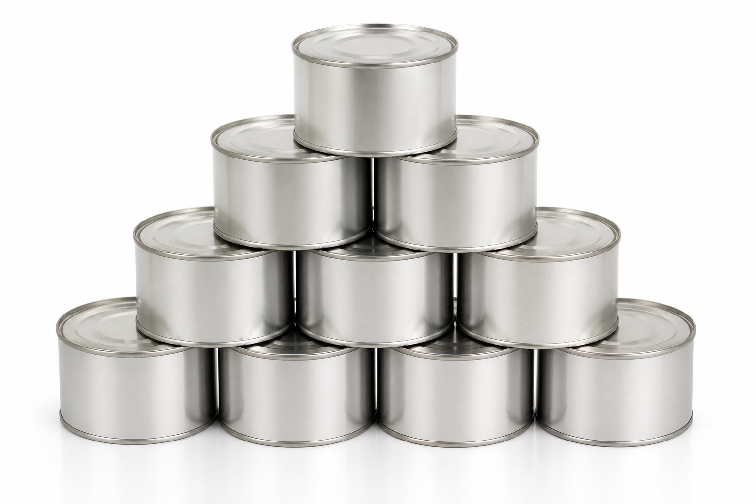 Pilha organizada de latinhas metálicas de 1kg sobre superfície branca.