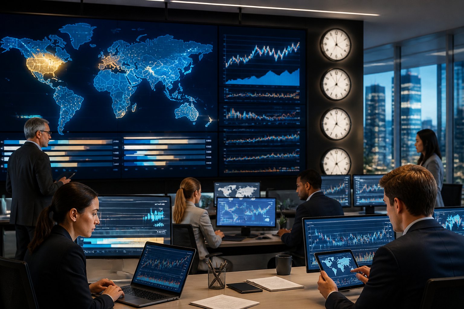 Profissionais em um escritório moderno analisando telas digitais que mostram mapas mundiais e horários dos mercados financeiros globais em funcionamento.