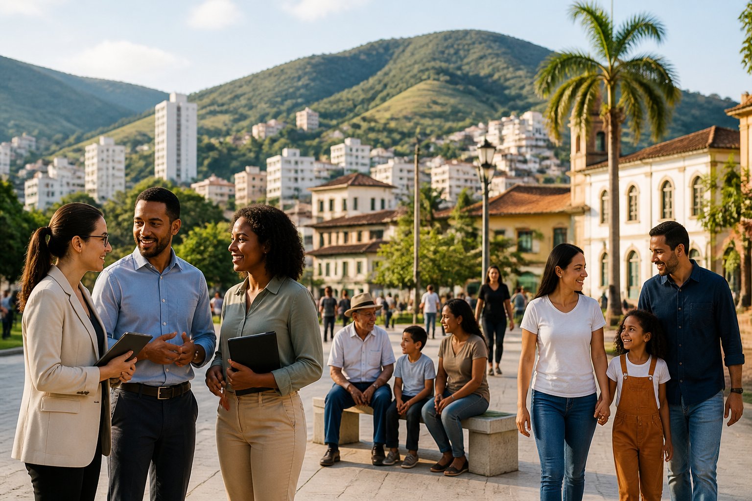 Grupo diversificado de pessoas em uma área urbana com prédios e colinas ao fundo, representando cidades da região do DDD 38.