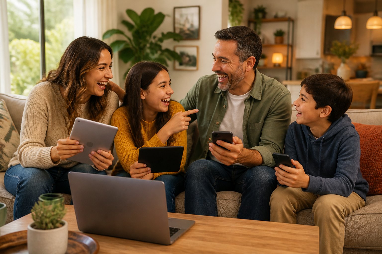 Família feliz reunida na sala de estar, rindo e usando dispositivos digitais juntos.