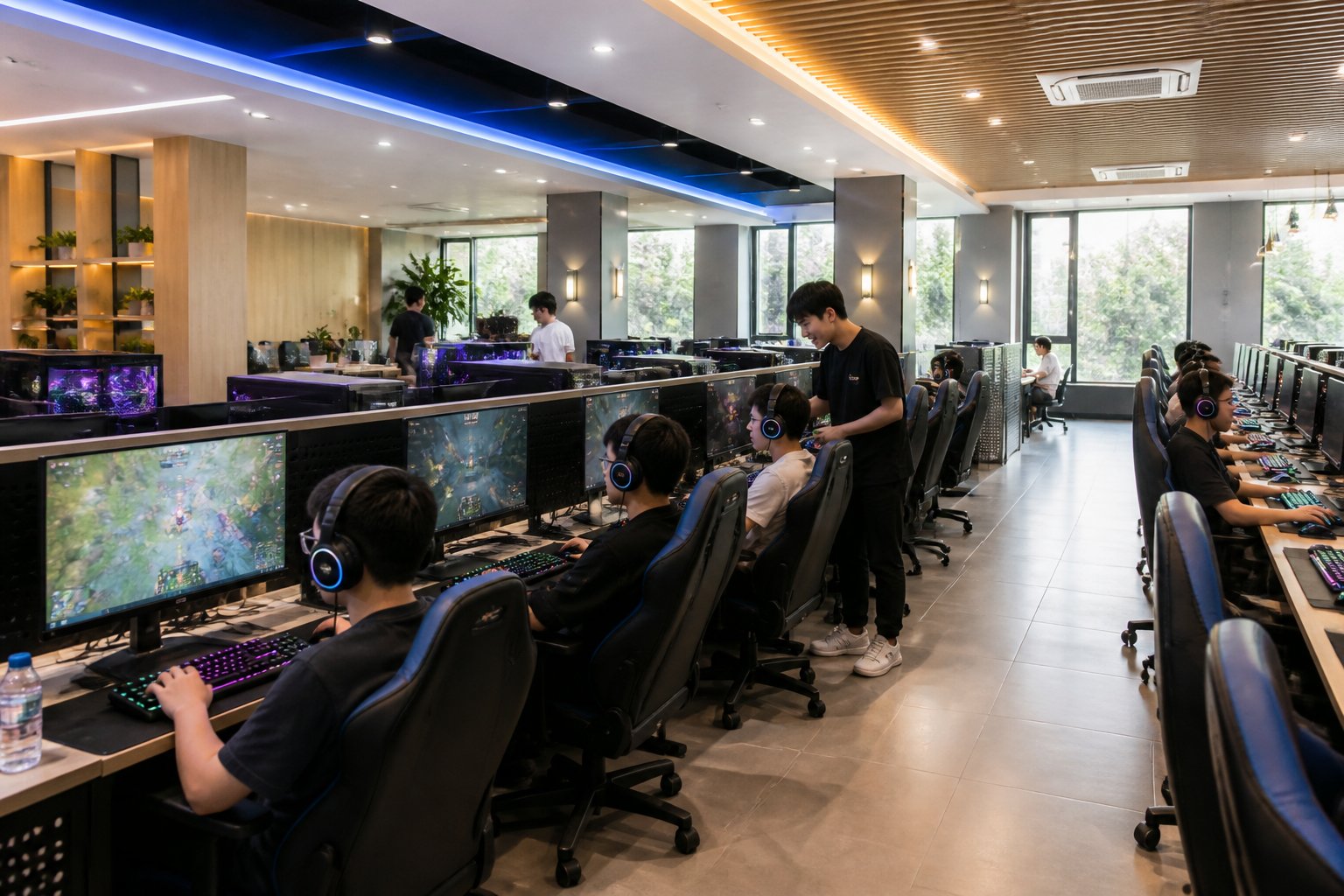 Interior de uma lan house moderna com jovens usando computadores em um ambiente bem iluminado e acolhedor.