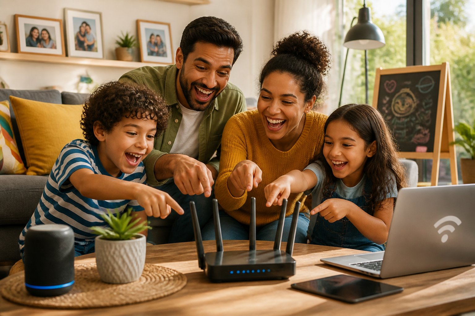 Família sorrindo e apontando para um roteador Wi-Fi em uma sala de estar acolhedora.