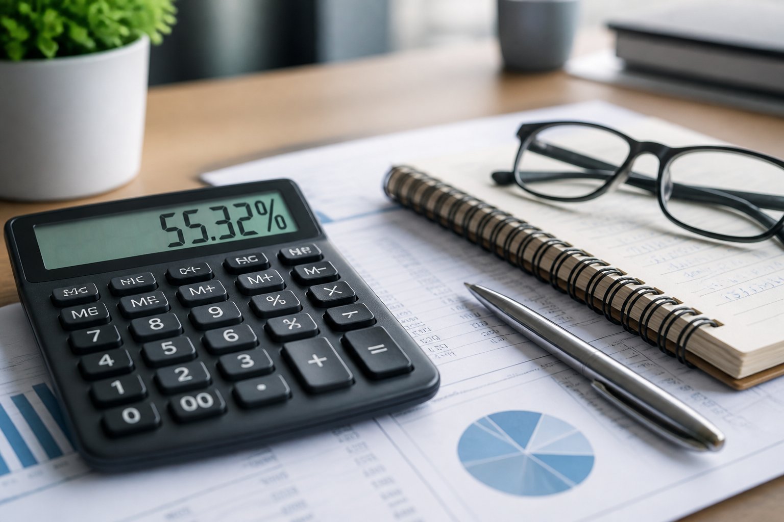 Mesa de trabalho com calculadora, caneta, documentos financeiros e óculos sobre a superfície.