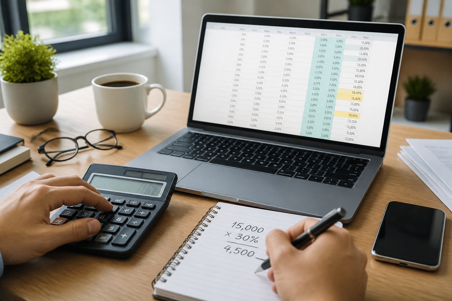 Mãos usando calculadora e escrevendo em caderno com planilha aberta em laptop em ambiente de escritório.