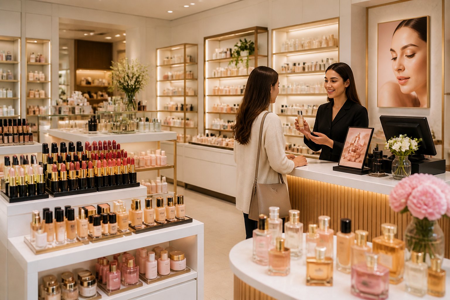 Interior de uma loja de cosméticos com prateleiras organizadas exibindo diversos produtos de beleza e uma atendente auxiliando um cliente no balcão.