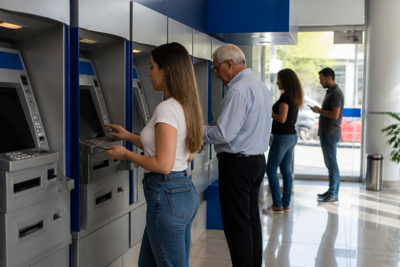 Área de caixas eletrônicos da Caixa Econômica Federal com pessoas utilizando os terminais em ambiente iluminado e organizado.
