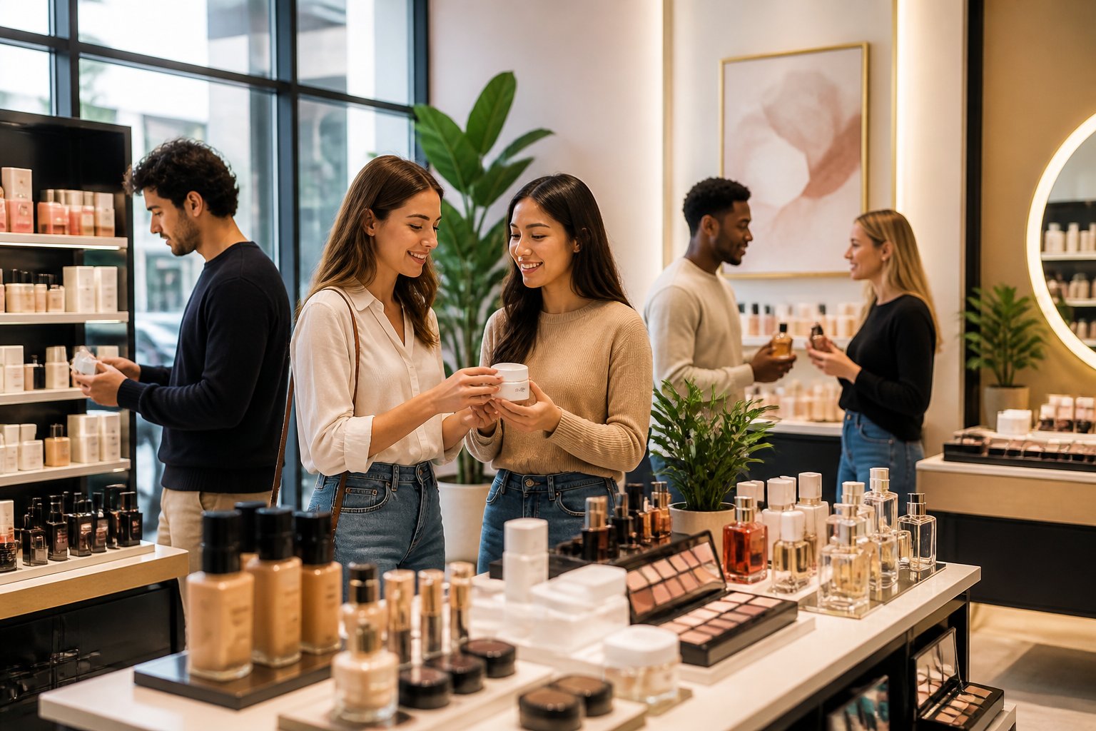 Interior de uma loja de cosméticos moderna com prateleiras organizadas e pessoas jovens analisando produtos de beleza.