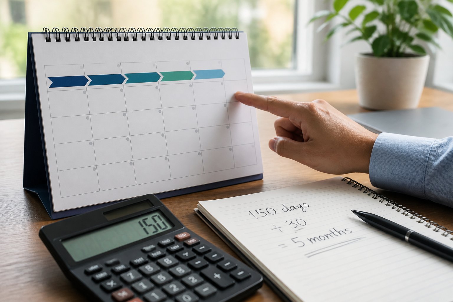 Mão apontando para um calendário sobre uma mesa com uma calculadora e um caderno ao lado.