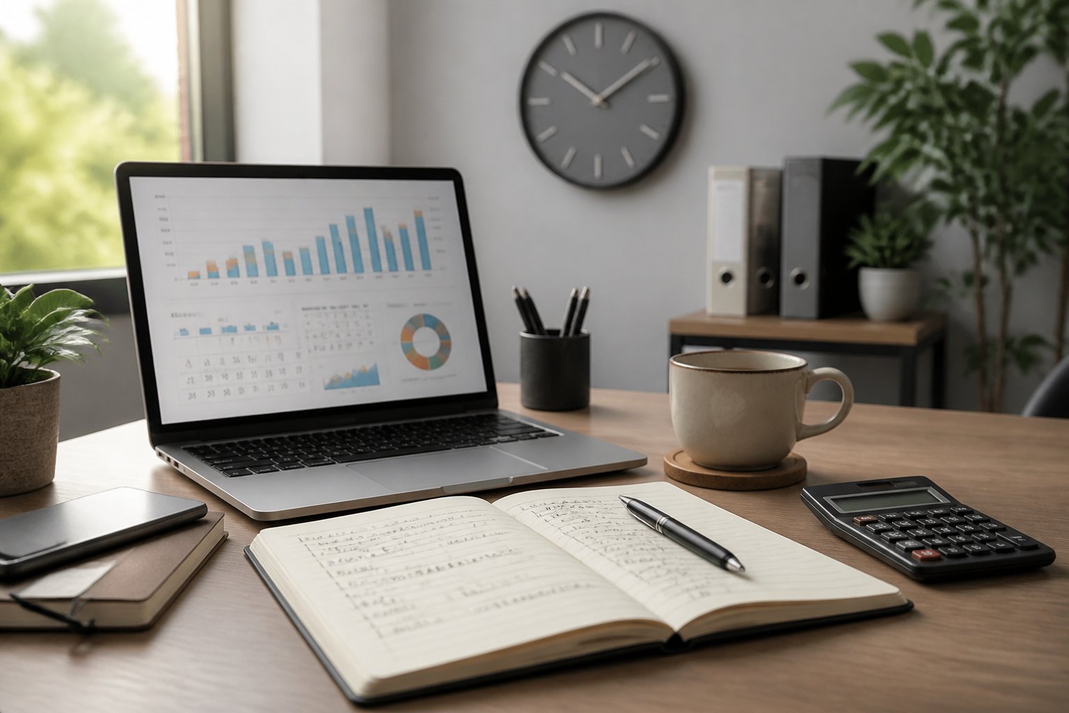 Mesa de trabalho com laptop, caderno aberto com anotações, calculadora e xícara de café, com um relógio na parede ao fundo.