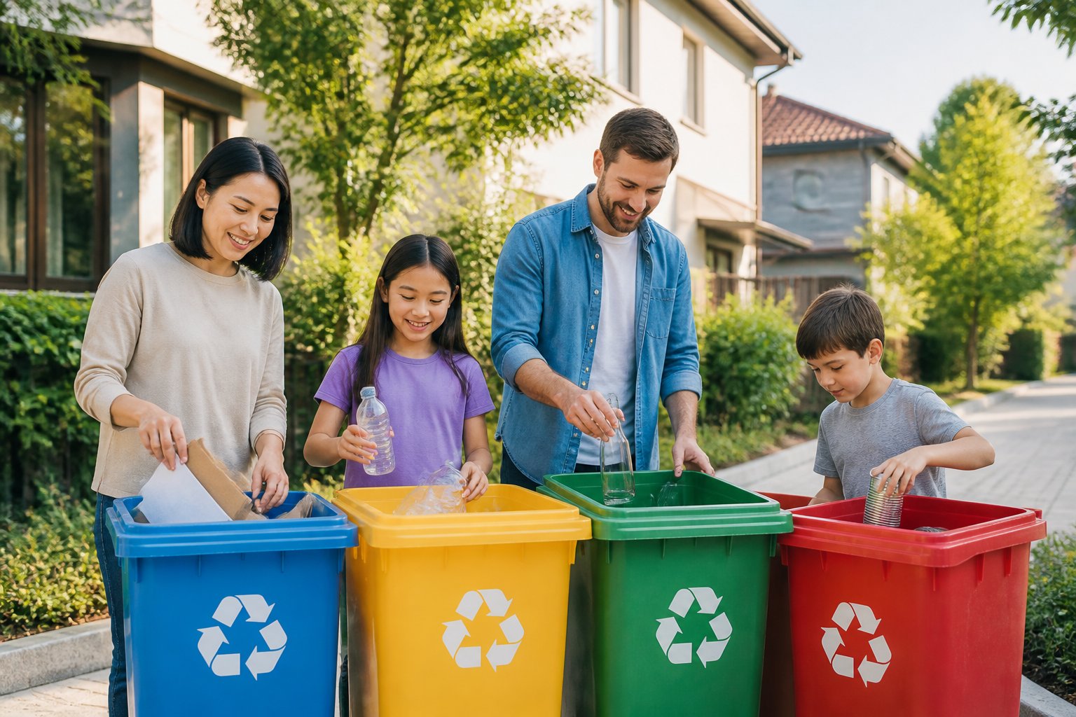 Estação de reciclagem organizada perto de casas com pessoas separando materiais recicláveis em lixeiras coloridas.