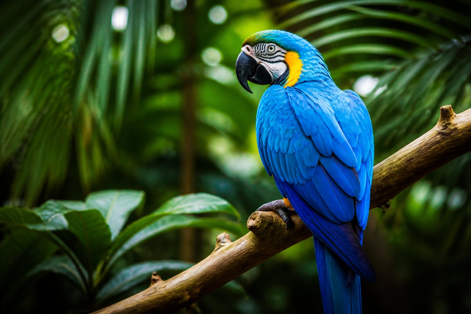 Uma arara azul vibrante pousada em um galho cercado por folhagens verdes em uma floresta tropical.