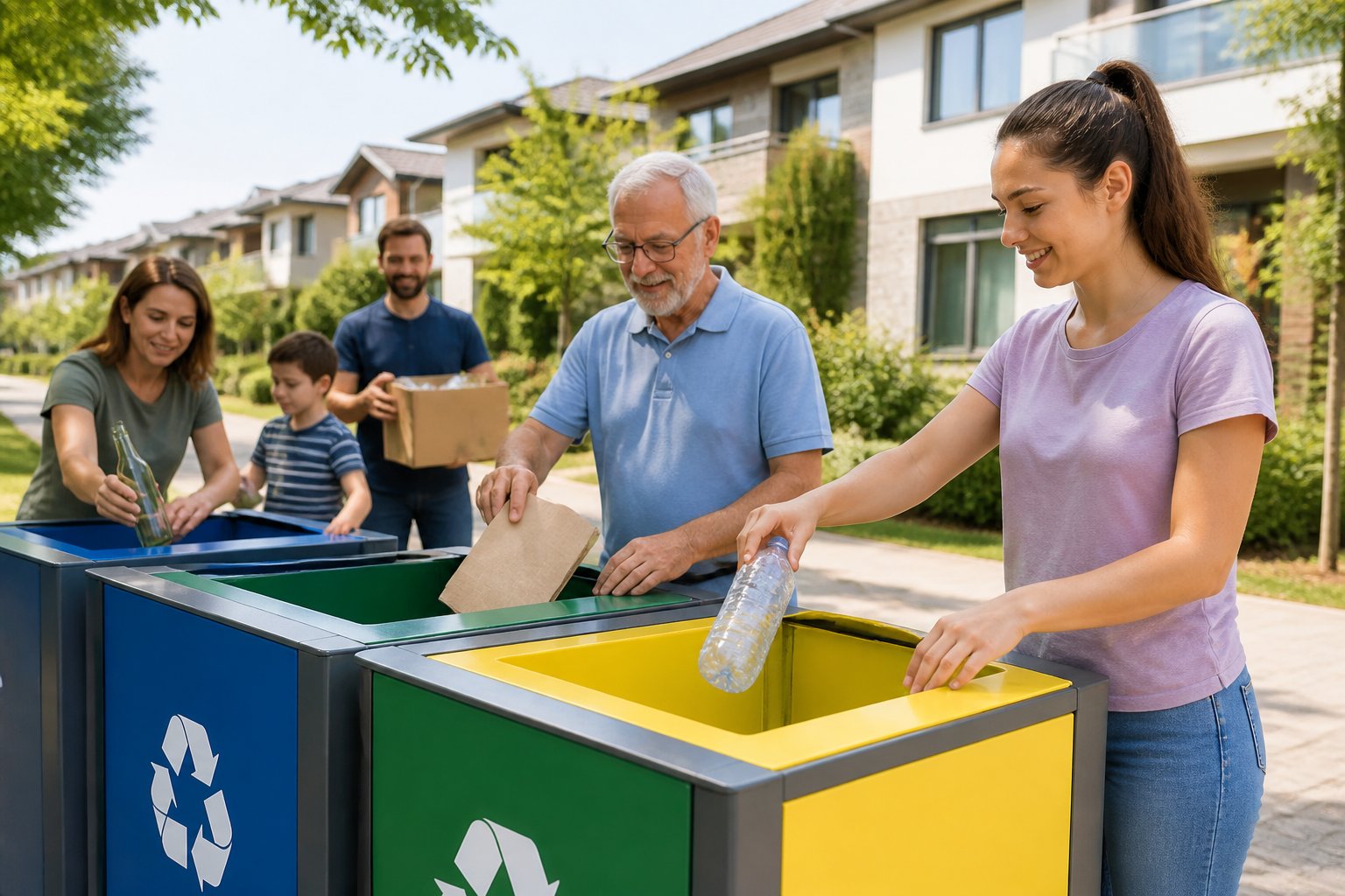 Pessoas depositando materiais recicláveis em pontos de coleta em um bairro urbano com casas e áreas verdes ao fundo.