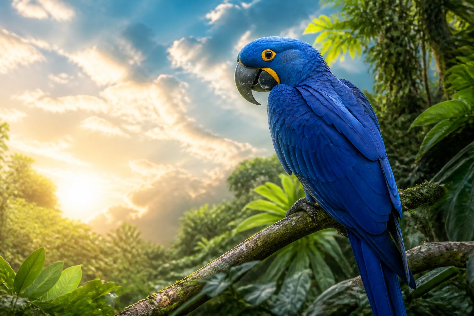 Uma arara azul vibrante pousada em um galho cercado por folhagens verdes sob um céu suave e iluminado pelo sol.