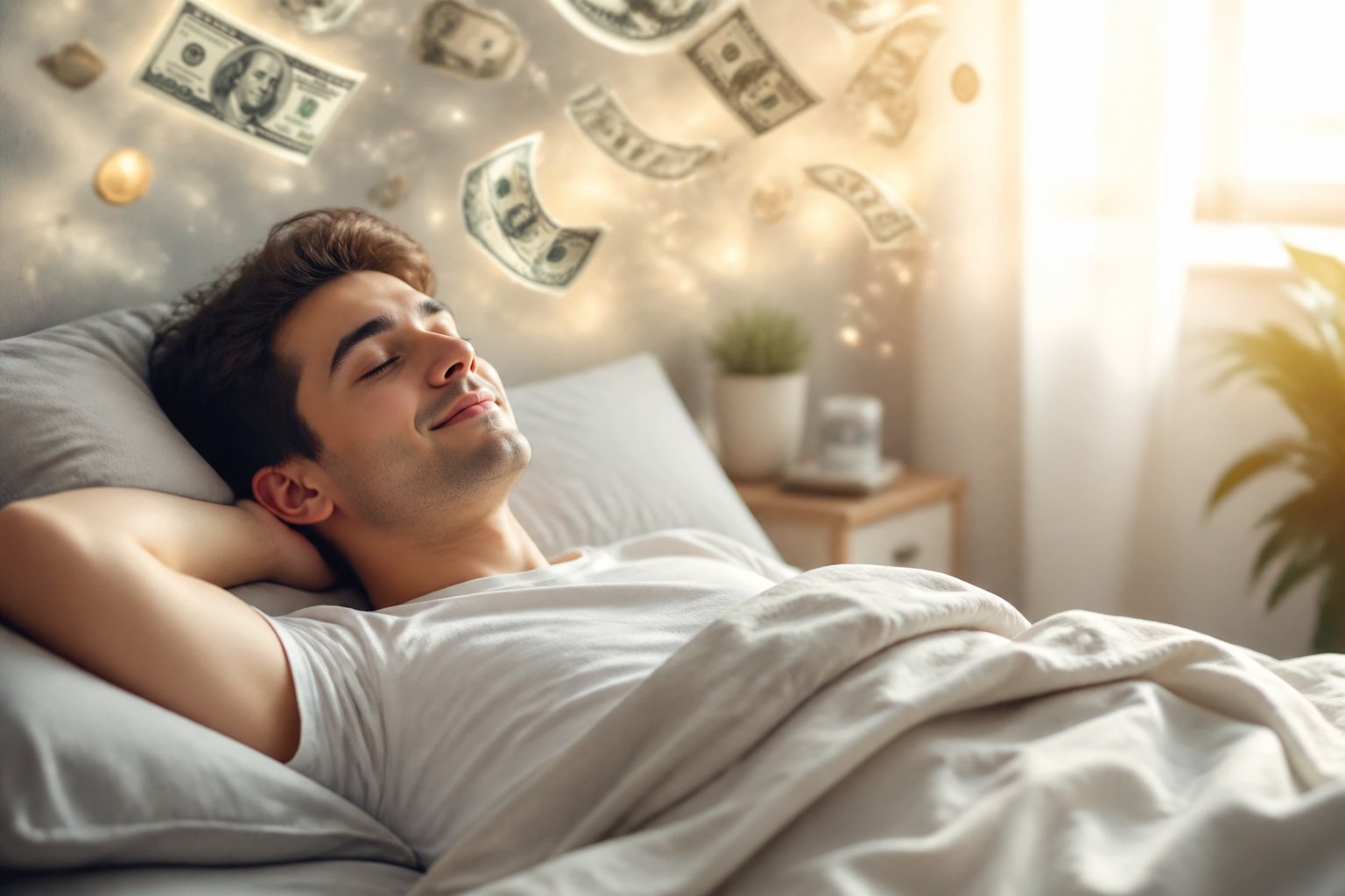 Um homem jovem deitado na cama com os olhos fechados e sorriso suave, rodeado por imagens translúcidas de dinheiro flutuando ao seu redor.