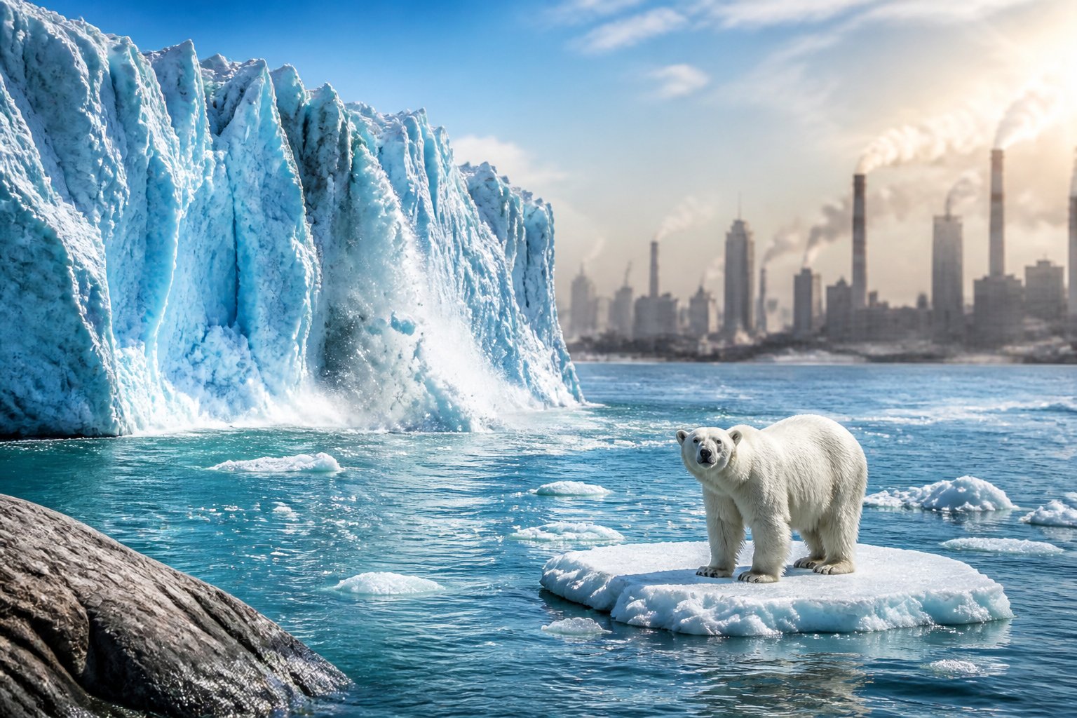 Urso polar em um pequeno pedaço de gelo derretendo com uma geleira derretida e uma cidade poluída ao fundo.