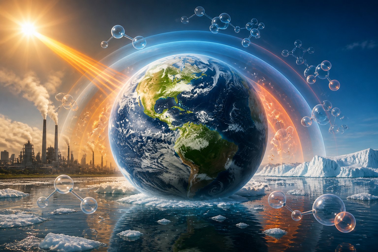 Globo terrestre com camadas atmosféricas visíveis, moléculas representando gases do efeito estufa, fábricas ao fundo emitindo fumaça e calotas polares derretendo.