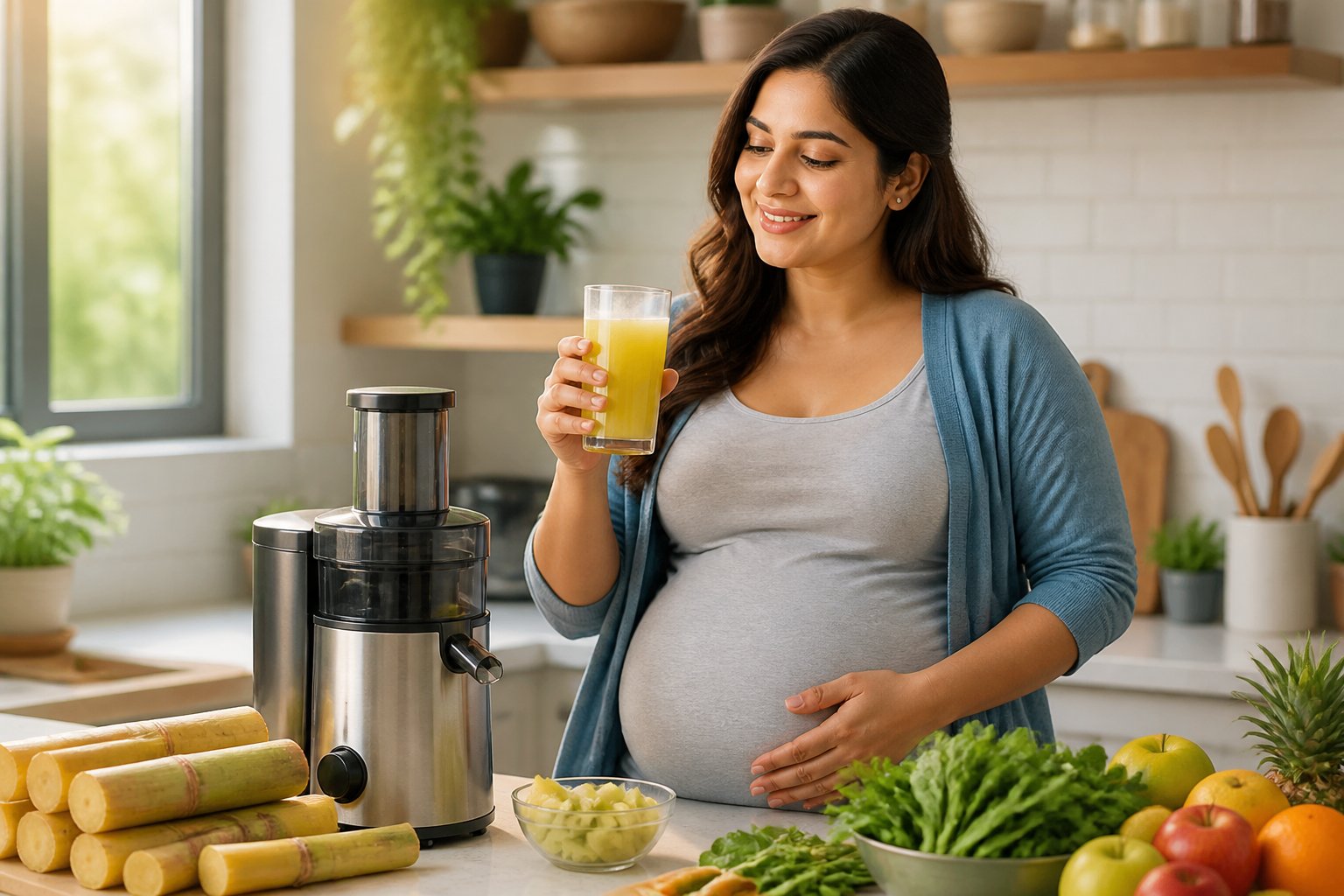 Mulher grávida preparando um copo de caldo de cana em uma cozinha iluminada, com cana-de-açúcar fresca sobre a bancada.