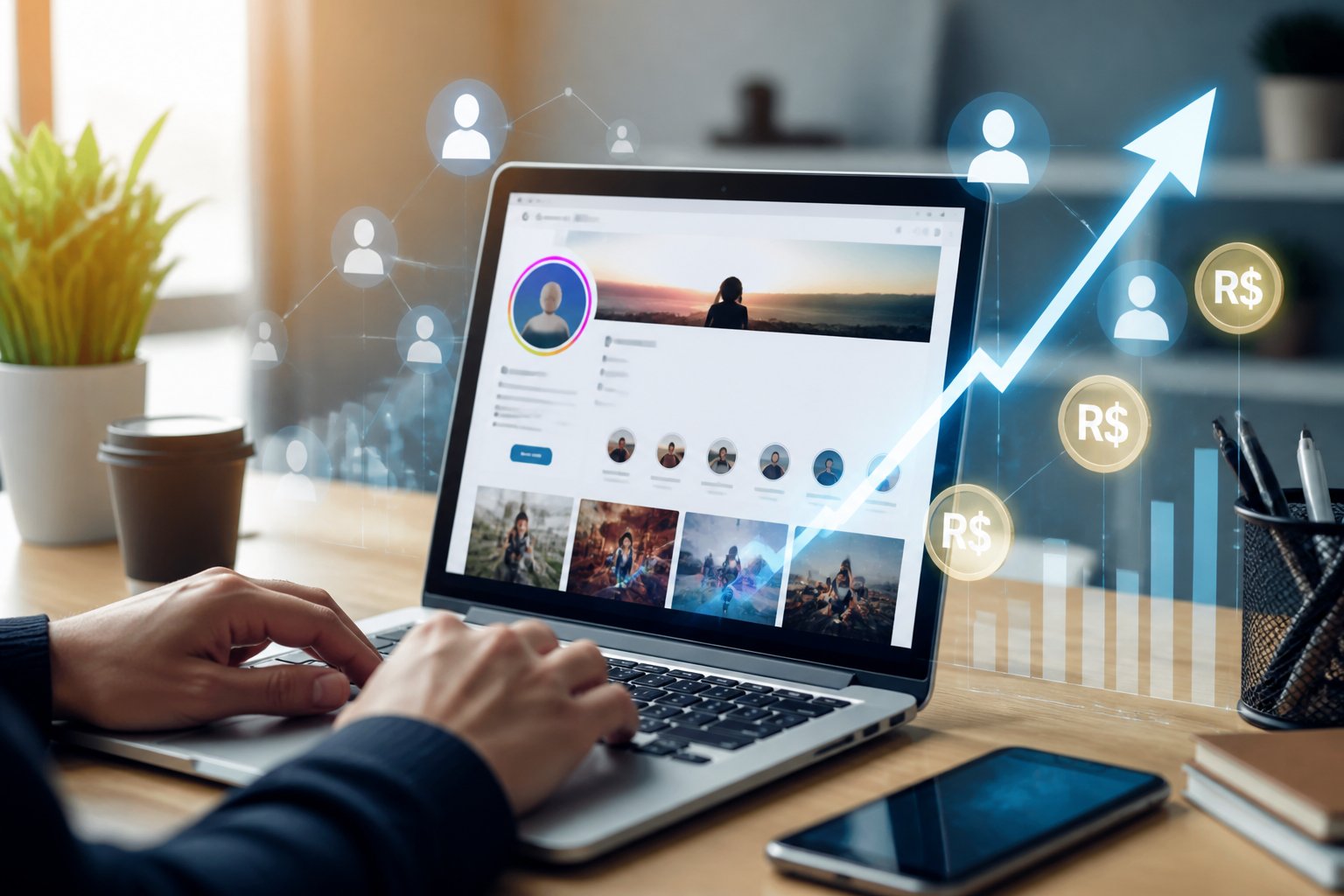 Pessoa digitando em um laptop com gráficos digitais mostrando aumento de seguidores e símbolos da moeda real ao fundo.