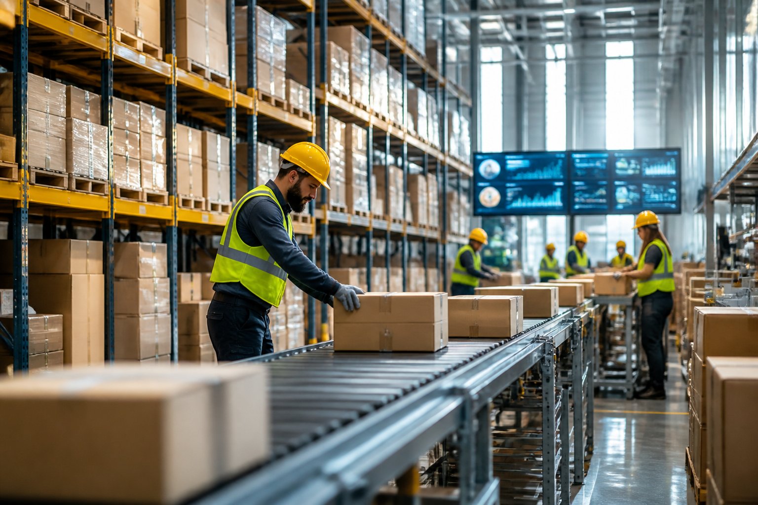 Um armazém moderno com prateleiras organizadas, trabalhadores movimentando caixas e equipamentos de logística em operação.